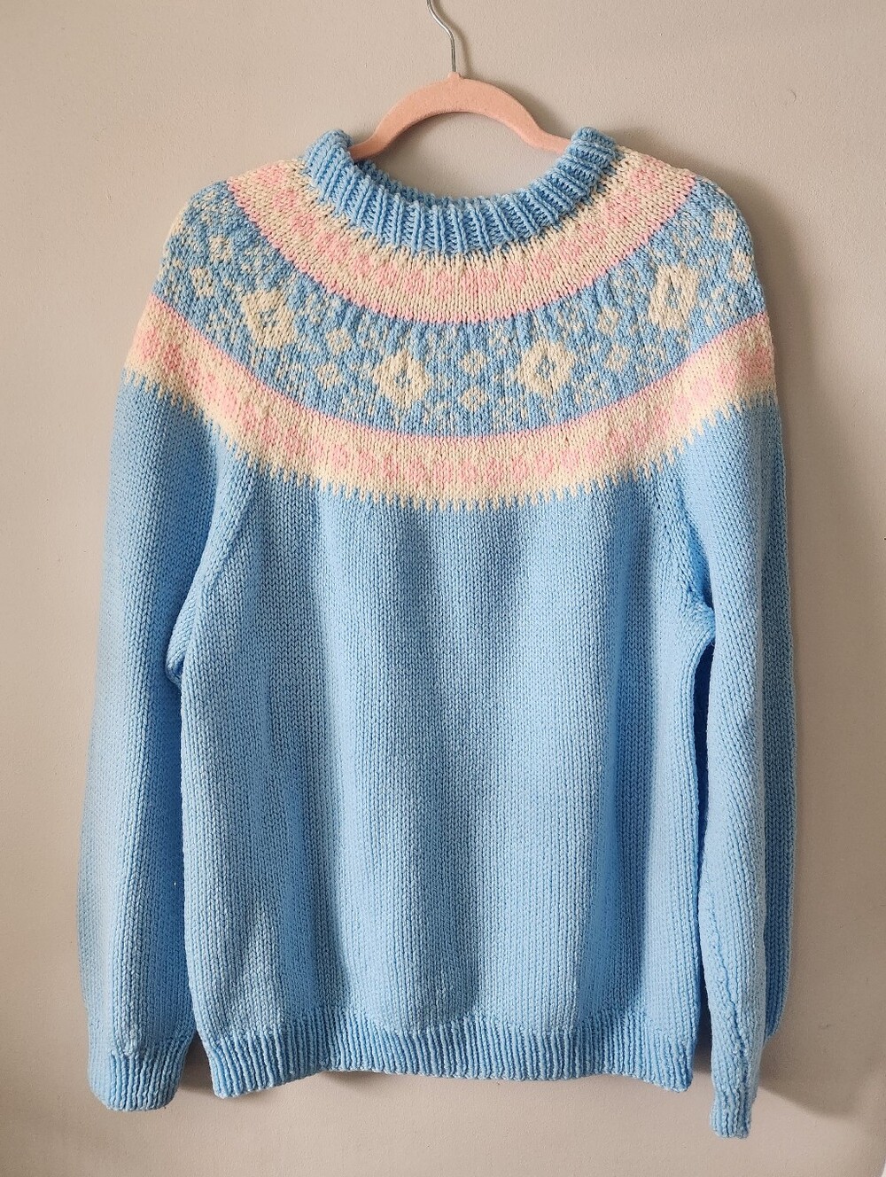 Handknit Nordic Yoke Fair Isle Blue Pink Knit Sweater